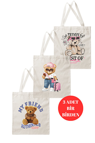 DK DAKSEL Σετ 3 τσάντες από καμβά με στάμπα αρκουδάκι – Γυναικεία τσάντα tote...