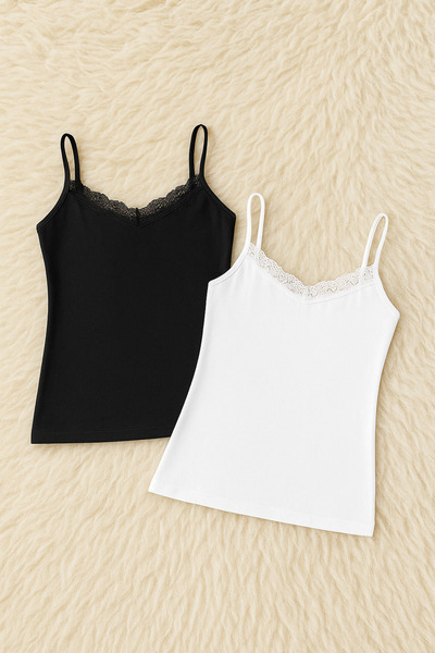 Alissa قميص داخلي نسائي من القطن والليكرا بحزام من الدانتيل مصنوع من القطن الممشط مكون من قطعتين W6K0K1T9KA