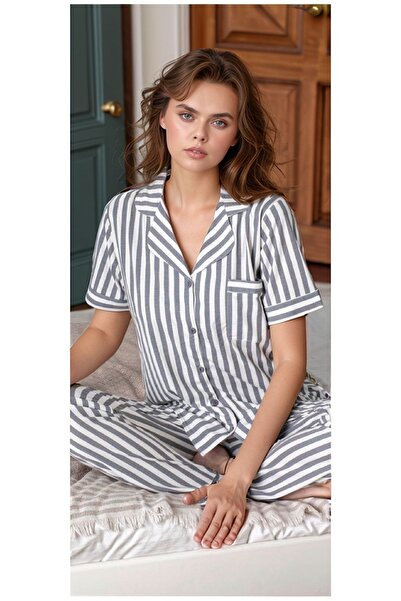 Alissa Women's Gray Cotton Striped Placket Pajama Set