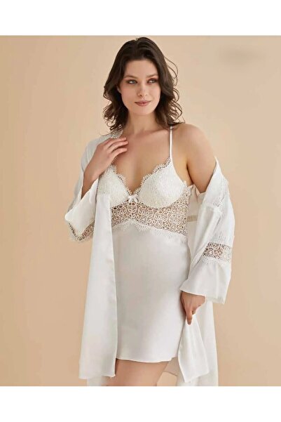 Alissa Women's Ecru Nightgown&Robe&Shorts Set&Pajama Set 6-Piece Satin Bridal Dowry Set W8.7.4.1Dkukch