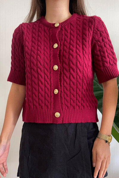 Nazline Women's Hair Braided Crew Neck Buttoned Short Sleeve Knitwear Cardigan