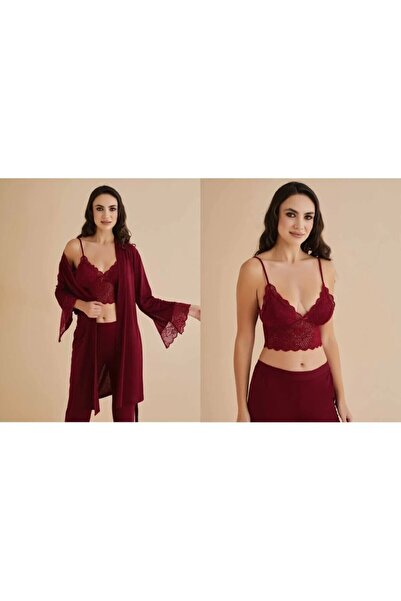 Alissa Women's Combed Cotton Burgundy Bralet&Nightgown&Morning Gown 4-Piece Set Boxed Set W5.5.3.2Dkukchss