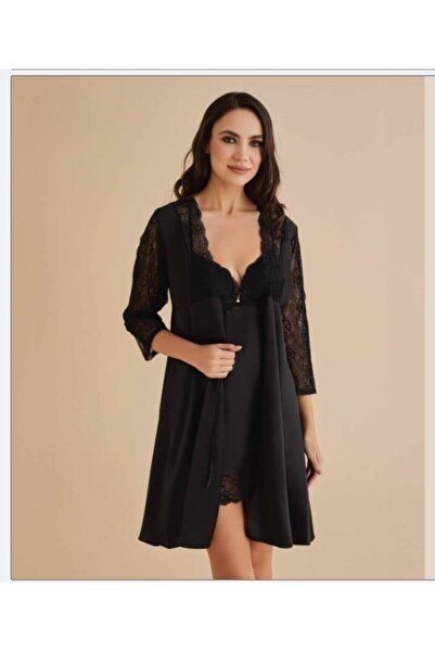 Alissa Women's Black Nightgown & Dressing Gown & Shorts Set & Pajama Set 6-Piece Satin Bridal Dowry Set