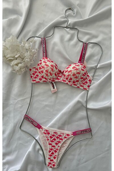 Pink Cadillac طقم حمالة صدر بتفاصيل حجرية مع علبة