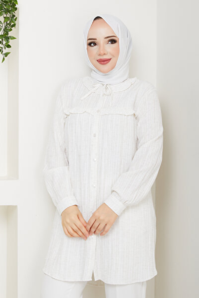 Pamuk Butik Women's Collar Detailed Ruffled Robe Shirt Linen White