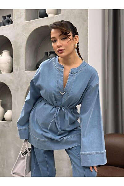 Cardella Denim Two-Piece Set with Metal Accessories for Women | Pants Hijab Matching Jean Set