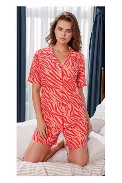 Alissa Women's Red Cotton Tiger Patterned Shorts Pajama Set