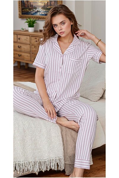 Alissa Women's Lilac Cotton Striped Placket Pajama Set