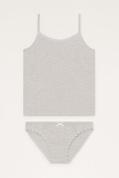 Alissa Women's Light Gray Melange Lycra Cotton String Strap Tank Top Slip Panties Set W3İ5K1L2Ekk