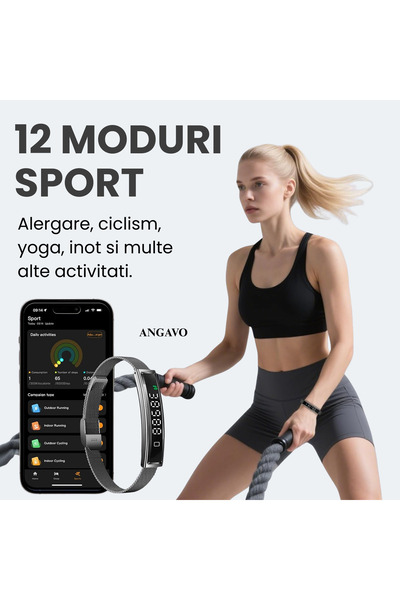 ANGAVO Brățară fitness inteligentă 2025, monitorizare sănătate,IP68,LED, pedometru, baterie durabilă
