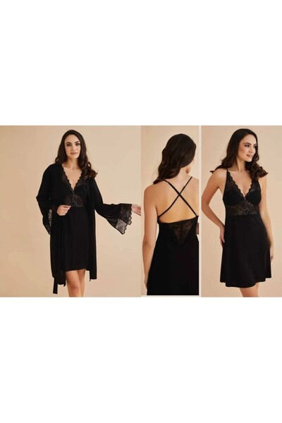 Alissa Women's Combed Cotton Black Bralet&Nightgown&Morning Gown 4-Piece Set Boxed Set W5.5.3.2Dkukchss