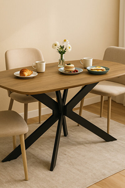 MARIA HOMES Modern Brown Dining Table – 180×90×75 cm | Elegant Wooden Top Table with Black Metal Cross Legs