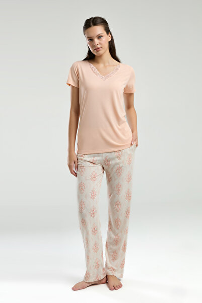 QKK Women's V-Neck Short Sleeve T-Shirt & Long Bottom Pajama Set Q4.A3.K6.R8K