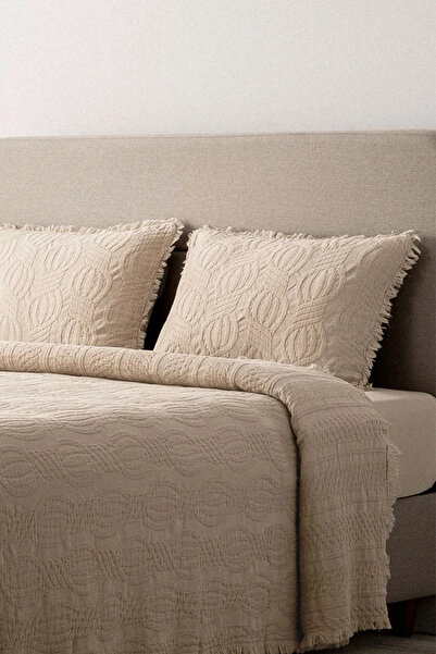 Ecocotton Hifa Beige Double Bed 100% Organic Cotton Throw - Bed Cover Set