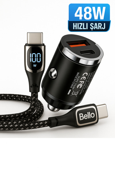 Tech&bello accessories 48W 1x Usb 1x Type-c Hızlı Araç Şarjı Çakmaklık Girişli Apple Android Tam Uyumlu BC-04