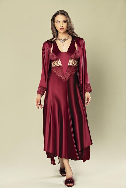 Viselya Set de dantelă cămăși de noapte lungi, roșii, tip peignoir