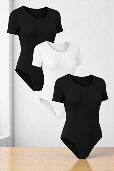 Alissa Women's Cotton Lycra Combed Cotton Short Sleeve Crew Neck Black & White & Black 3-Piece Snap Body