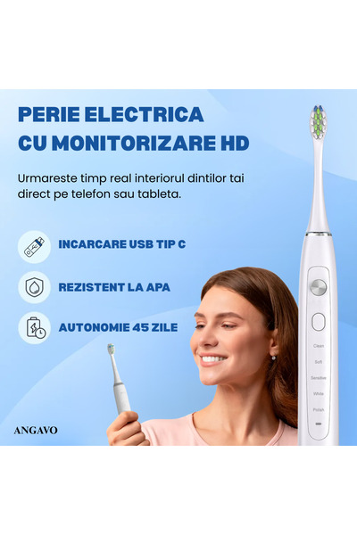 ANGAVO Periuță electrică cu cameră HD, aplicație, periaj sonic, moduri multiple, USB rapid