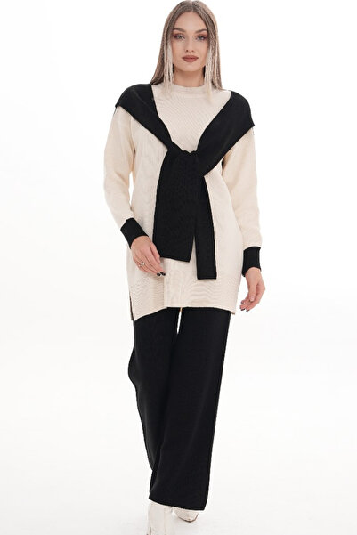 H&E LUXURY DESIGN Women's Black Ecru Knitwear Set – Oversized Sweater and Wide-Leg Pants