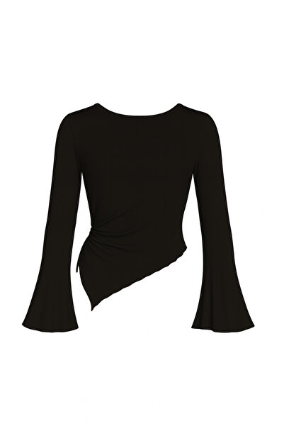 Wild Flower Μαύρη μπλούζα με στρογγυλή λαιμόκοψη και λεπτομέρεια ντραπέ, ισλαμική μπλούζα που ταιριάζει με το μανίκι