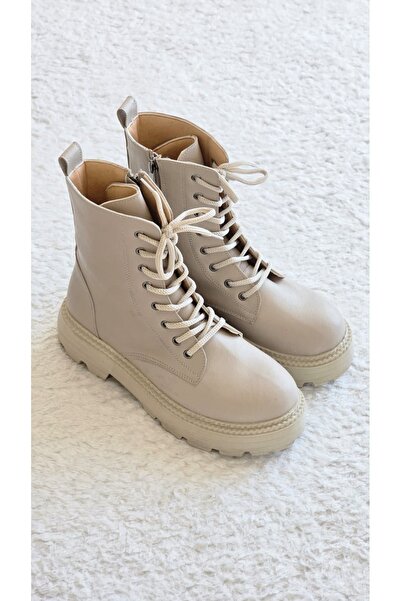 Melinta Shoes Melinta Fermuarlı Krem Bağcıklı Kadın Bot M0052