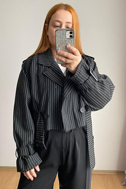 msendam Fast Perry Marka Kısa Boy İçi Astarlı Çizgili Kumaş Trençkot Ceket