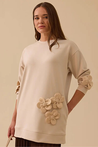 SEÇİL Women's Floral Detailed Pocket Sweatshirt - Beige