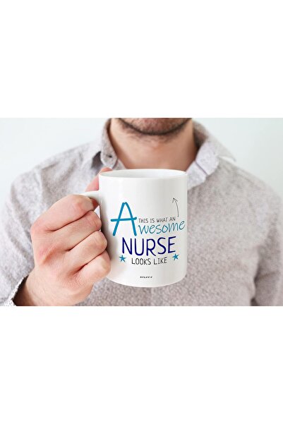 Be Care Awesome Nurse Mug - Blue Lettering Ceramic Cup by Staff 4