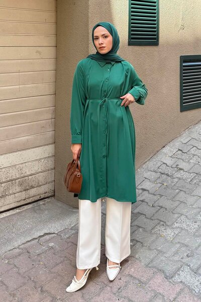 lamelif Μακρύ Τουνίκ Τζιλάντα με λεπτομέρεια δεσίματος σε σμαραγδί πράσινο
