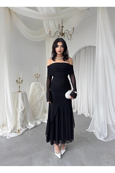 Julidress Siyah Madonna Yaka Astarlı Nişan Davet Premium Tül Elbise