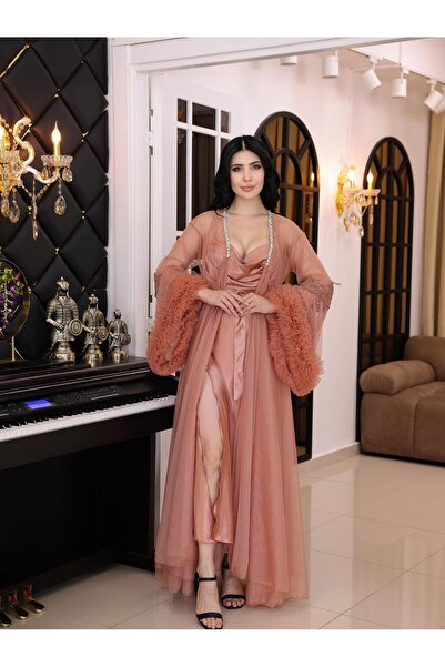 Limas lingerie روب صباحي طويل من قطعتين مصنوع من التول مع تفاصيل ماسية بتصميم...