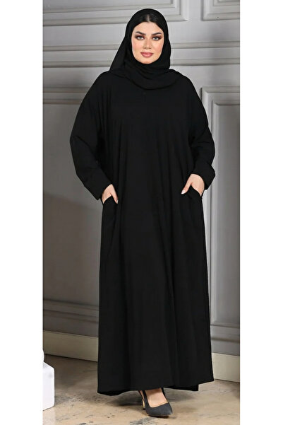 ZAHRA عبايه مغلقة مع جيوب مخفيه سوداء في الجوانب من قماش لمسة حرير (بلاك بيري) مع الطرحة