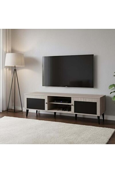 BAITY TV Table Made of Malaysian Wood 160 cm with 2 Drawers and Shelves - Beige and Black