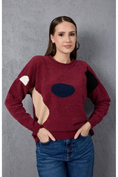 Coşkun GİYİM Women's Crew Neck Chenille Velvet Color Block Sweater Bordo 11809
