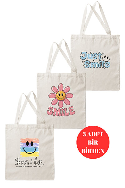 DK DAKSEL Set of 3 Smile Printed Canvas Tote Bags – Just Smile – Colorful Tote Bag