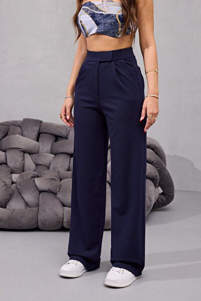 BİKELİFE Kadın Yüksek Bel Likralı Cırt Kapama Geniş Paça Palazzo Pantolon