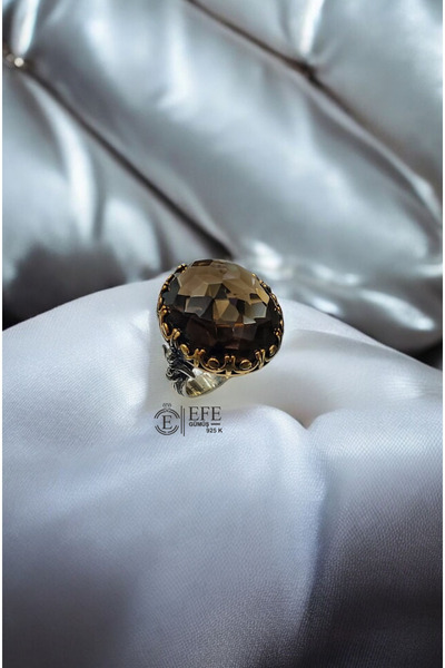 Home 925 AYAR GÜMÜŞ ÖZEL TASARIM ELMAS KESİM DUMANLI KUVARS TAŞLI YÜZÜK