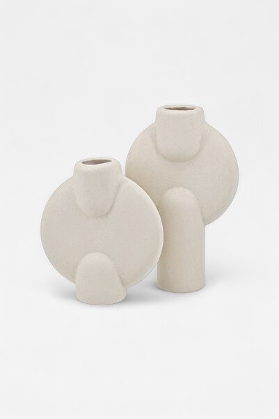 BOHEMORE İskandinav 2'li Füze Bej Seramik Vazo Seti
