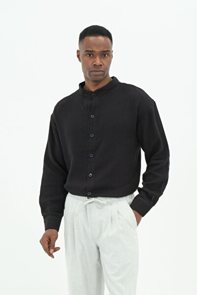 RELAXL 2Xs-10Xl 100% Cotton Judge Collar Black Muslin Shirt