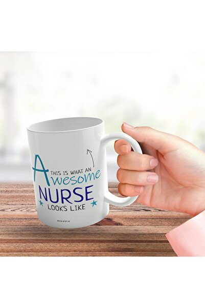 Be Care Awesome Nurse Mug - Blue Lettering Ceramic Cup by Staff 4