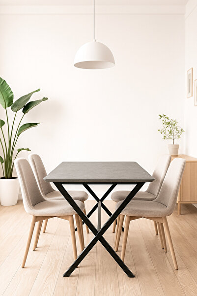 MARIA HOMES طاولة طعام رمادية عصرية - ١٥٠×٩٠×٧٧ سم | سطح طاولة بلمسة حجرية وأرجل معدنية سوداء متقاطعة