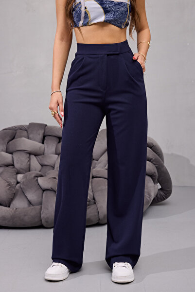 BİKELİFE Kadın Yüksek Bel Likralı Cırt Kapama Geniş Paça Palazzo Pantolon