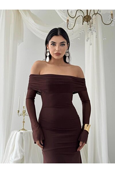 Julidress Kahve Madonna Yaka Astarlı Nişan Davet Premium Tül Elbise