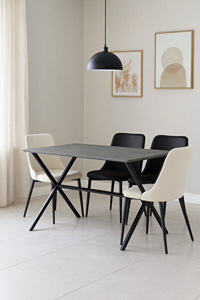 MARIA HOMES طاولة طعام رمادية عصرية - ١٥٠×٩٠×٧٧ سم | سطح طاولة بلمسة حجرية وأرجل معدنية سوداء متقاطعة