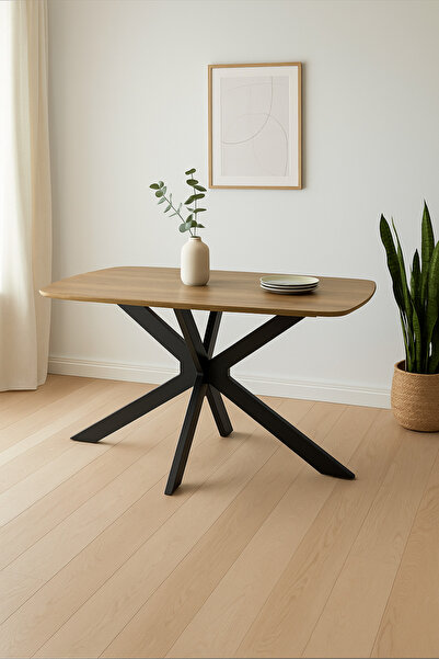 MARIA HOMES Modern Dining Table – 150×90×75 cm | Wooden Top Table with Black Metal Cross Legs