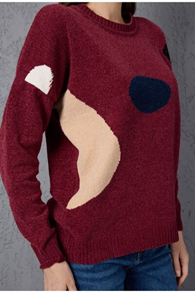 Coşkun GİYİM Women's Crew Neck Chenille Velvet Color Block Sweater Bordo 11809