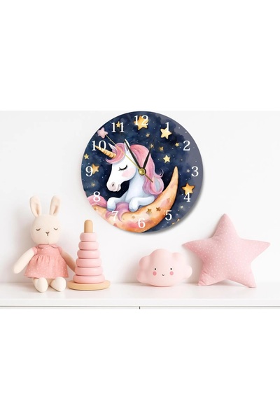 EXİN Cute Unicorn Children's Room Digital Printed Silent Mute Wall Clock