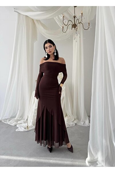 Julidress Kahve Madonna Yaka Astarlı Nişan Davet Premium Tül Elbise