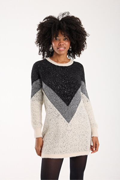 Moda Days Women's Ecru Glittery Beard Yarn Color Block Crew Neck Knitwear Sweater