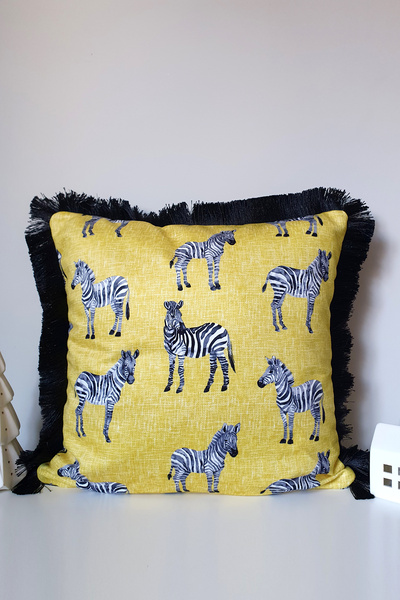 decofav Husă de pernă din catifea cu franjuri cu design zebră - 43x43cm